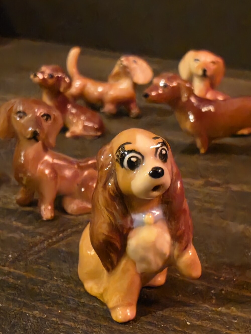 Vintage Ceramic Dog Miniature Lot of 7 Disney Lady & Dachshund Wiener Figurines